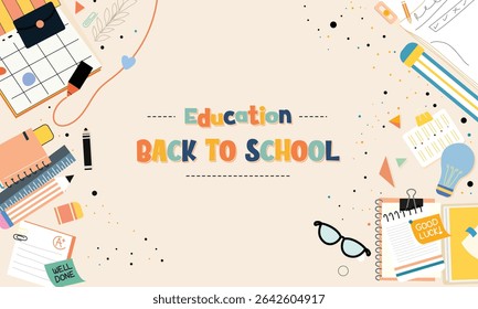 An engaging vector illustration celebrating back to school with vibrant educational tools and stationery items.