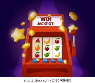 Engaging vector illustration of a classic red slot machine hitting a fruity jackpot with coins flying, set against a radiant purple backdrop.