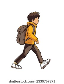 An engaging vector illustration depicting a side view of a student walking confidently to school, carrying a school bag, capturing the excitement and anticipation of the educational journey