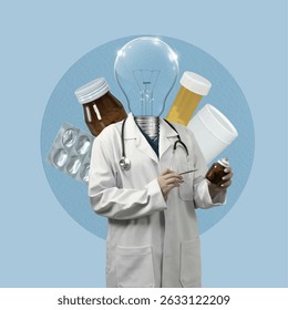 An engaging Vector illustration displaying a health care collage filled with innovative medical symbols and abstract design elements.