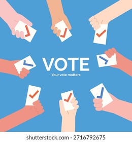 An engaging Vector illustration highlighting the importance of voting participation with hands holding ballots and checkmarks.
