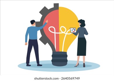 An engaging Vector illustration illustrating professionals discussing innovative strategies and analytics with a light bulb concept.