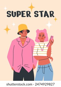 Engaging vector illustration showcasing Y2K fashion trends with two characters: a male in a bright pink jacket and bucket hat, and a female with pink hair taking a selfie