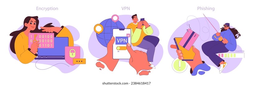Engaging vector illustrations showcasing cybersecurity facets: a woman deciphers encryption, a man activates a VPN, and a quirky hacker exemplifies phishing tactics