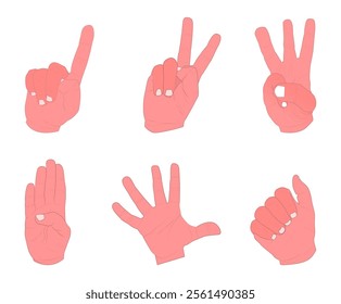 An engaging and versatile illustration featuring hand gestures representing numerical values, from one to six, learn to count, learn numbers.