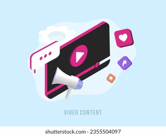 Compromiso con el concepto de contenido de vídeo. Publicidad en video digital y marketing en medios. Perfecto para la estrategia de contenido de vídeo. Ilustración del vector aislada en fondo blanco con iconos