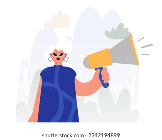 Involucrando a las voces en activismo, encantada señora con bullhorn, Negar esta manifestación de pensamientos Asunto. Estilo de moda, Ilustración vectorial