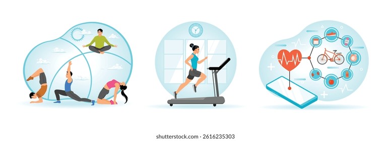 Engaging ways to stay fit through yoga, Indoor exercise, and technology. Healthy lifestyle concept. Set flat vector illustration