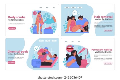 Engaging web banners for beauty services, featuring body scrubs, hair removal, chemical peels, and permanent makeup with vibrant vector illustrations.