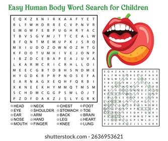 Engaging word search puzzle for children focusing on human body parts. Educational game with a mouth and stomach illustration.