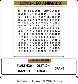 Engaging word search puzzle featuring long-legged animals like flamingo, ostrich, and giraffe