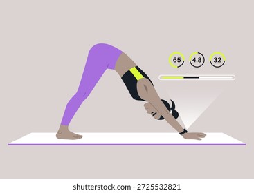 Eine Yogapraxis einnehmend, führt eine Person eine abwärts gerichtete Hundehaltung auf einer Matte durch, während sie die Leistung mit einer Yoga-Smart-Uhr überwacht, Die Einstellung ist heiter und einladend