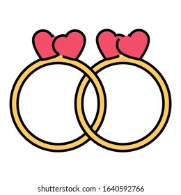 Engagment Rings Symbol, Pair of Heart Shape Diamond  Rings Concept, Valentines Gift Idea Vector Icon Design, Betrothal on white background