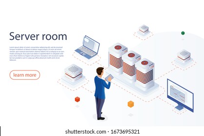 IT engeneer with modern tablet in network server room. Web hosting isometric vector for landing page. Data center with digital devices. Big data center, server room, cloud storage, data rpocessing.