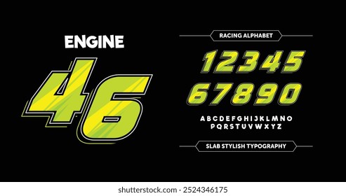 Engine 46: Bold green racing number concept, designed for high-speed automotive sports. Perfect for any motorsport theme, combining a sleek look with dynamic appeal. Set against a black background