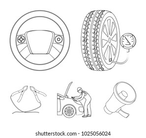 Engine adjustment, steering wheel, clamp and wheel outline icons in set collection for design.Car maintenance station vector symbol stock illustration web.