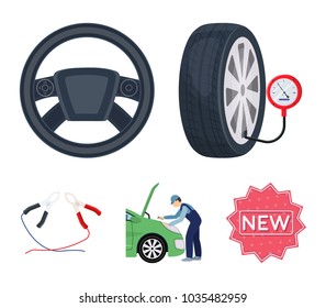 Engine adjustment, steering wheel, clamp and wheel cartoon icons in set collection for design.Car maintenance station vector symbol stock illustration web.