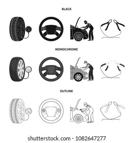 Engine adjustment, steering wheel, clamp and wheel black,monochrome,outline icons in set collection for design.Car maintenance station vector symbol stock illustration web.