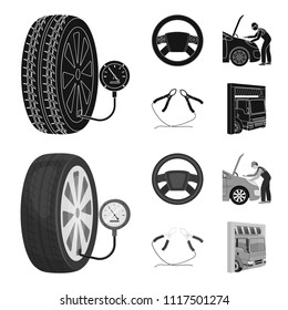 Engine adjustment, steering wheel, clamp and wheel black,monochrome icons in set collection for design.Car maintenance station vector symbol stock illustration web.