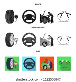 Engine adjustment, steering wheel, clamp and wheel black, flat, monochrome icons in set collection for design.Car maintenance station vector symbol stock illustration web.