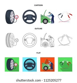 Engine adjustment, steering wheel, clamp and wheel cartoon, outline, flat icons in set collection for design.Car maintenance station vector symbol stock illustration web.