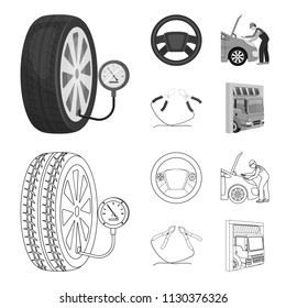 Engine adjustment, steering wheel, clamp and wheel outline,monochrome icons in set collection for design.Car maintenance station vector symbol stock illustration web.
