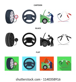 Engine adjustment, steering wheel, clamp and wheel cartoon,black,flat icons in set collection for design.Car maintenance station vector symbol stock illustration web.