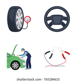 Engine adjustment, steering wheel, clamp and wheel cartoon icons in set collection for design.Car maintenance station vector symbol stock illustration web.