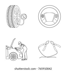 Engine adjustment, steering wheel, clamp and wheel outline icons in set collection for design.Car maintenance station vector symbol stock illustration web.
