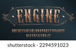 Engine alphabet font. Riveted letters and numbers in steampunk style. Stock vector typescript for your design.