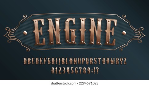 Tipo de letra del alfabeto del motor. Letras y números con estilo steampunk. Escritura vectorial de material para su diseño.