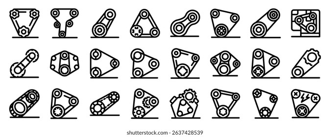 Engine belt icons set. Timing belt icons are representing different types of automotive timing belts, highlighting their role in engine function and vehicle maintenance