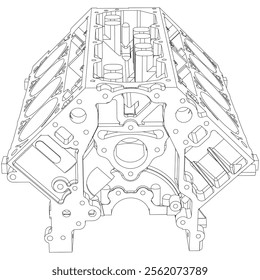 Engine block sketch. Vector illustration. Wire-frame style. The layers of visible and invisible lines are separated