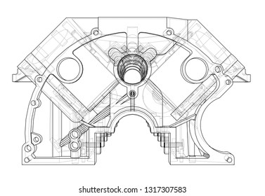 Engine block sketch. Vector rendering of 3d. Wire-frame style. The layers of visible and invisible lines are separated