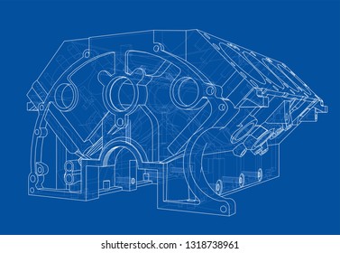 Engine block sketch. Vector rendering of 3d. Wire-frame style. The layers of visible and invisible lines are separated