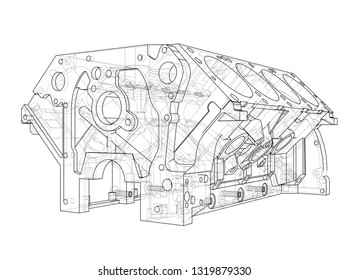 Engine block sketch. Vector rendering of 3d. Wire-frame style. The layers of visible and invisible lines are separated