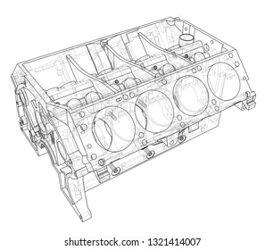 Engine block sketch. Vector rendering of 3d. Wire-frame style. The layers of visible and invisible lines are separated