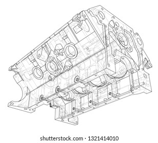 Engine block sketch. Vector rendering of 3d. Wire-frame style. The layers of visible and invisible lines are separated