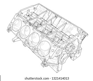 Engine block sketch. Vector rendering of 3d. Wire-frame style. The layers of visible and invisible lines are separated