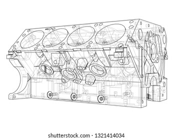 Engine block sketch. Vector rendering of 3d. Wire-frame style. The layers of visible and invisible lines are separated