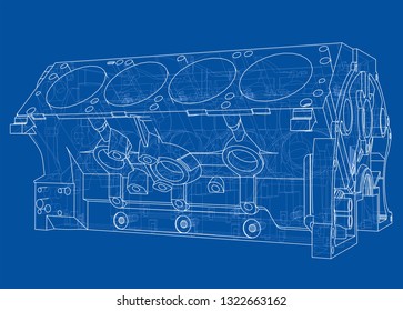 Engine block sketch. Vector rendering of 3d. Wire-frame style. The layers of visible and invisible lines are separated