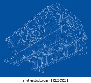 Engine block sketch. Vector rendering of 3d. Wire-frame style. The layers of visible and invisible lines are separated