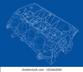 Engine block sketch. Vector rendering of 3d. Wire-frame style. The layers of visible and invisible lines are separated