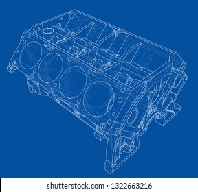 Engine block sketch. Vector rendering of 3d. Wire-frame style. The layers of visible and invisible lines are separated