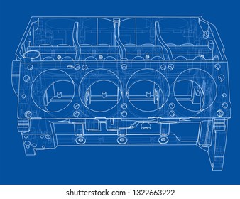 Engine block sketch. Vector rendering of 3d. Wire-frame style. The layers of visible and invisible lines are separated