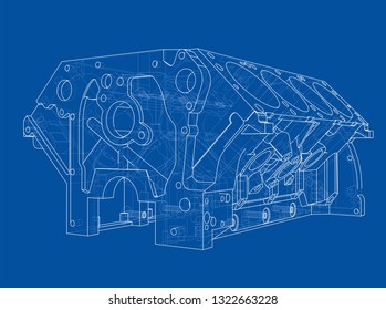 Engine block sketch. Vector rendering of 3d. Wire-frame style. The layers of visible and invisible lines are separated