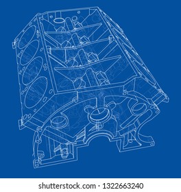 Engine block sketch. Vector rendering of 3d. Wire-frame style. The layers of visible and invisible lines are separated