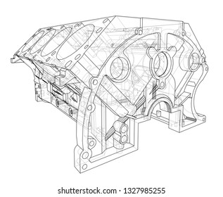 Engine block sketch. Vector rendering of 3d. Wire-frame style. The layers of visible and invisible lines are separated