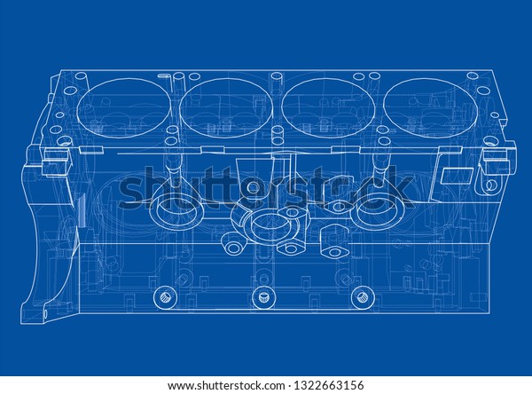 Engine block\
sketch. Vector rendering of 3d. Wire-frame style. The layers of\
visible and invisible lines are\
separated