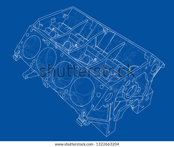 Engine block\
sketch. Vector rendering of 3d. Wire-frame style. The layers of\
visible and invisible lines are\
separated